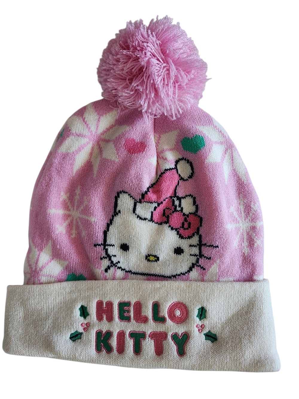 Hello Kitty NWOT Adult Size Pink & White Pom Pom Knit Hat Retail $32